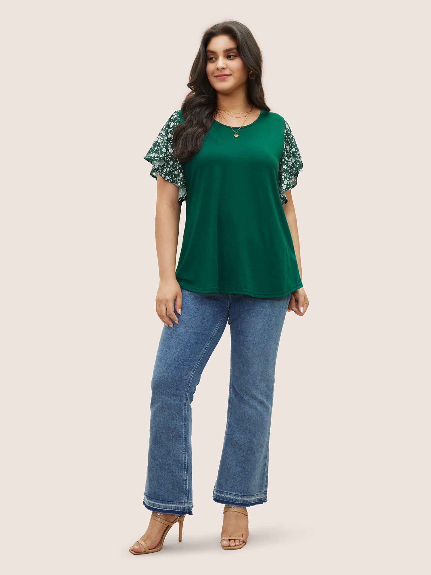 Ditsy Floral Ruffle Sleeve Round Neck T-Shirt