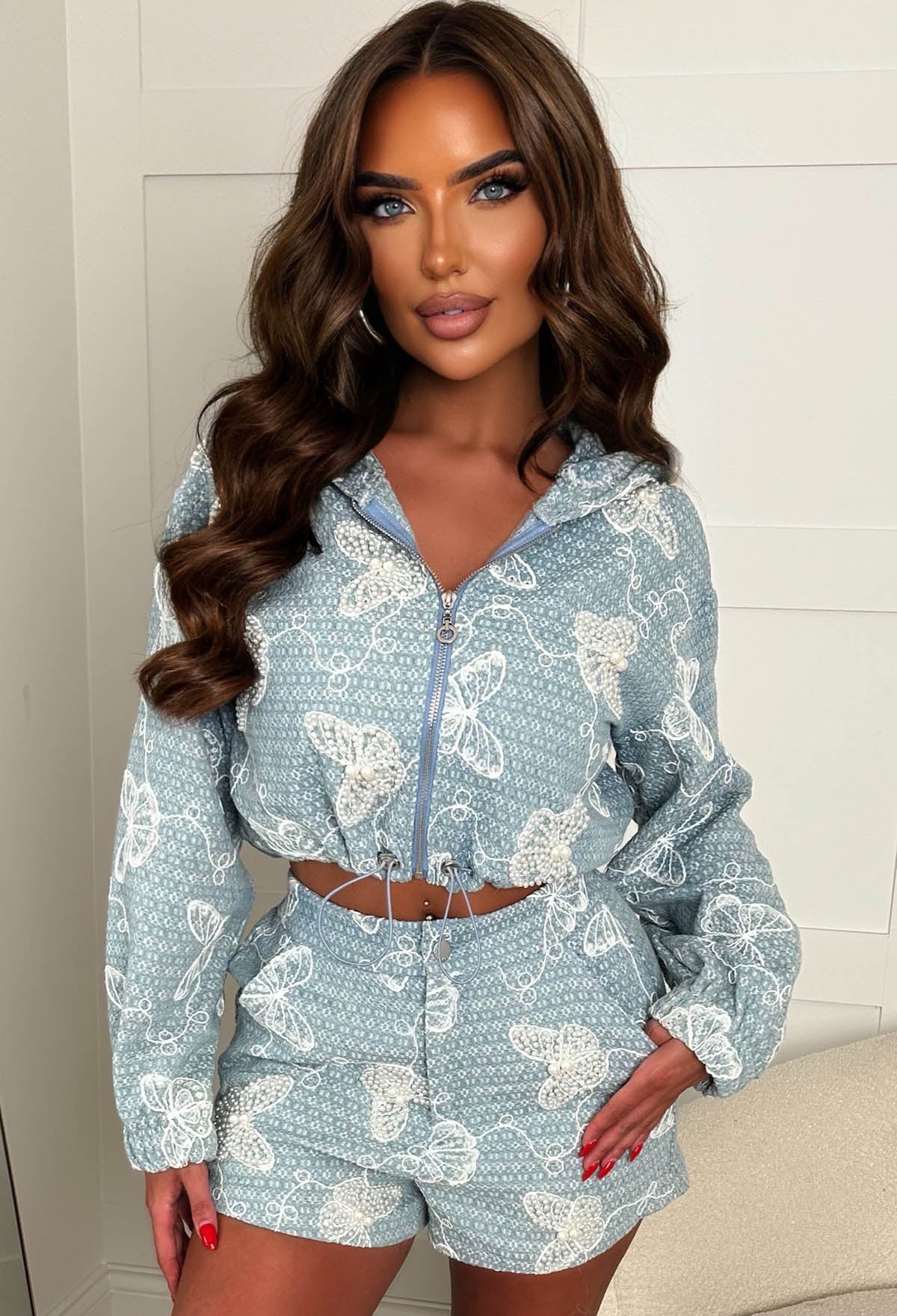 Ocean Air Light Blue Jacket And Short Loungewear Set
