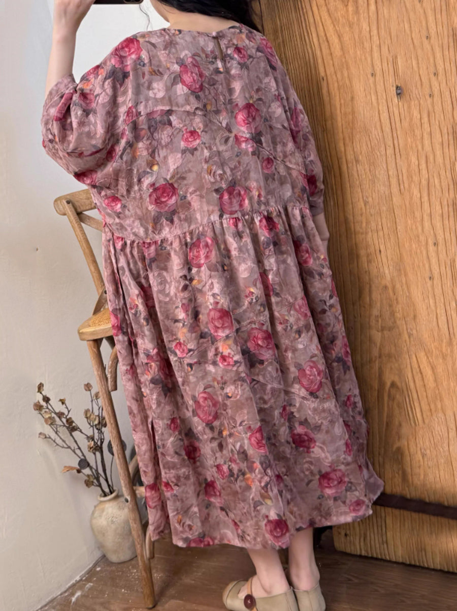 Women Summer Vintage Flower O-Neck Cotton Dress