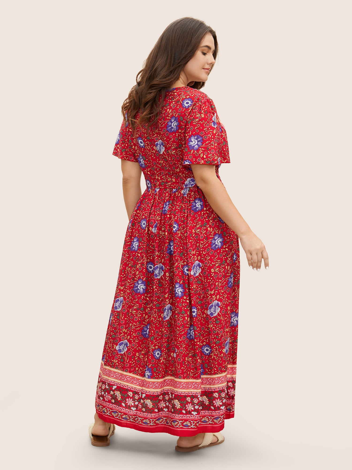 Bandana Surplice Neck Pocket Belted Flutter Hem Maxi Dress