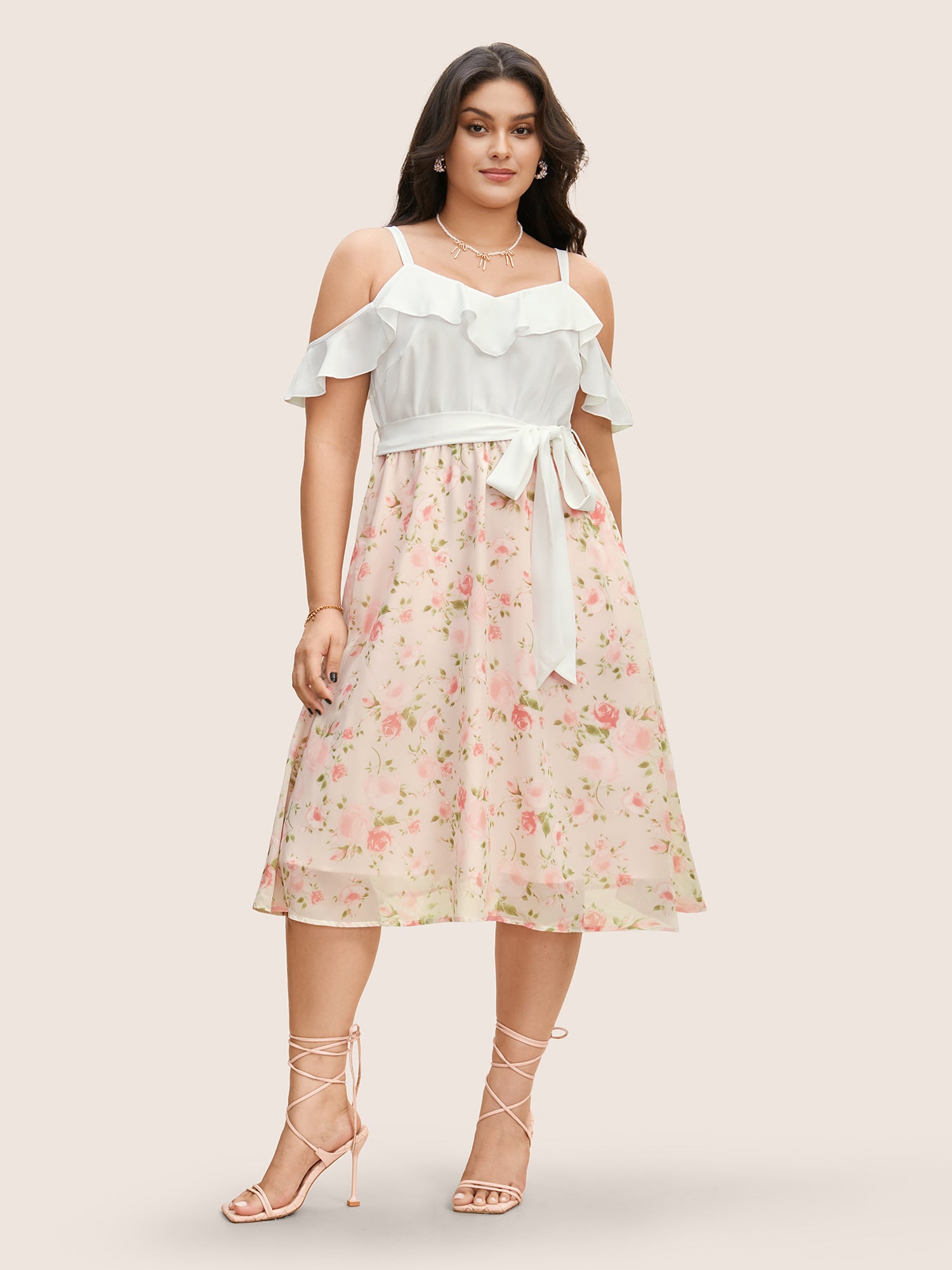 Chiffon Floral Patchwork Ruffle Trim Midi Dress