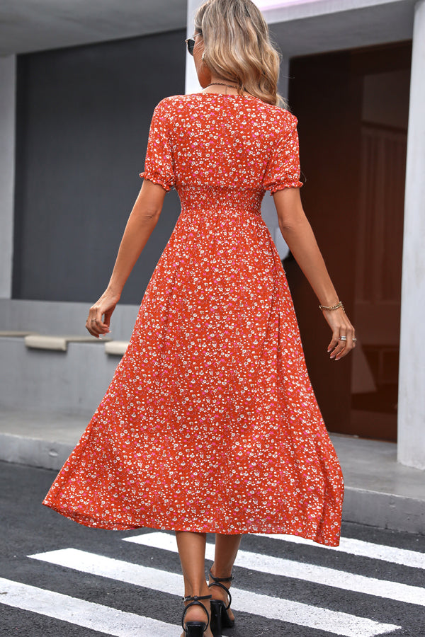 Smocked Waist V Neck Split Maxi Dress