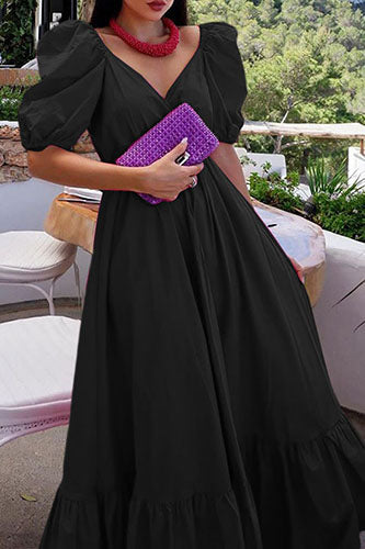 Vintage V-neck Swing Sundress Puff Sleeve Party Maxi Dress