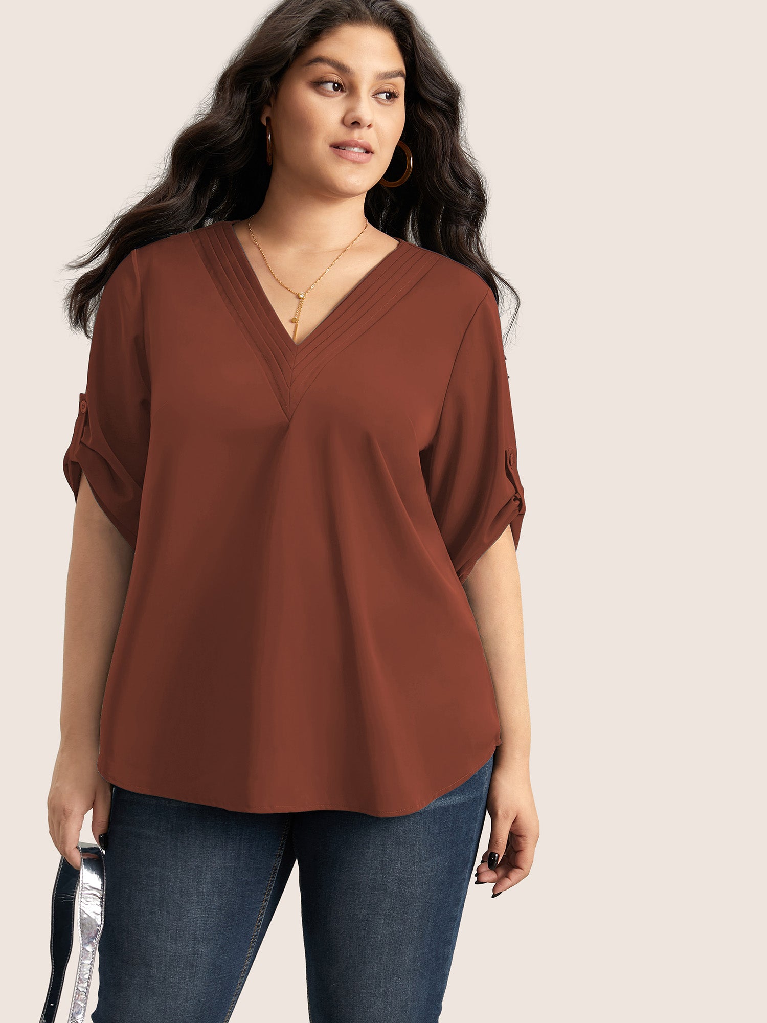 V Neck Plain Pleated Tab Sleeve Blouse