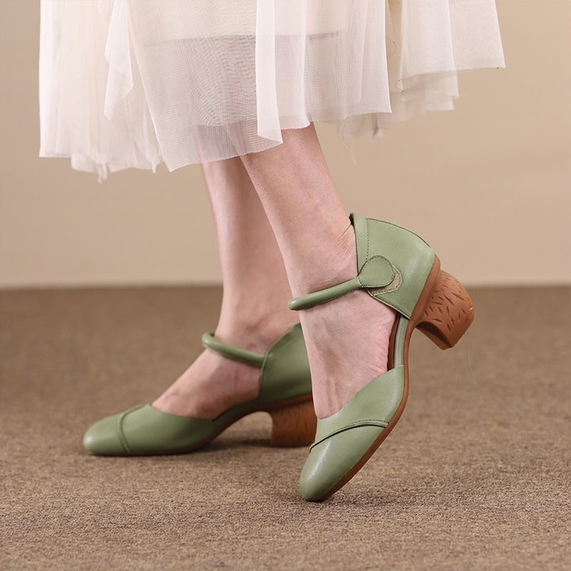 Handmade Leather Pumps Mid Heel Mary Jane Sandals Ankle Strap in Green/Coffee/Apricot