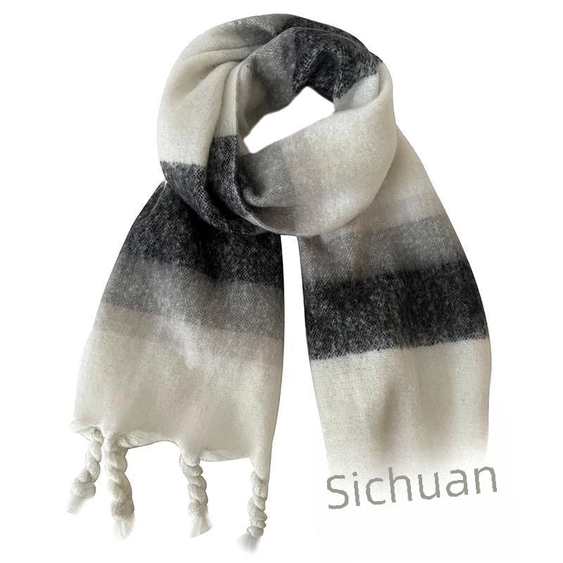 Plaid Scarf Women's Winter High-grade Gradient Mohair Thickened Warm Scarf New Cashmere-like Shawl