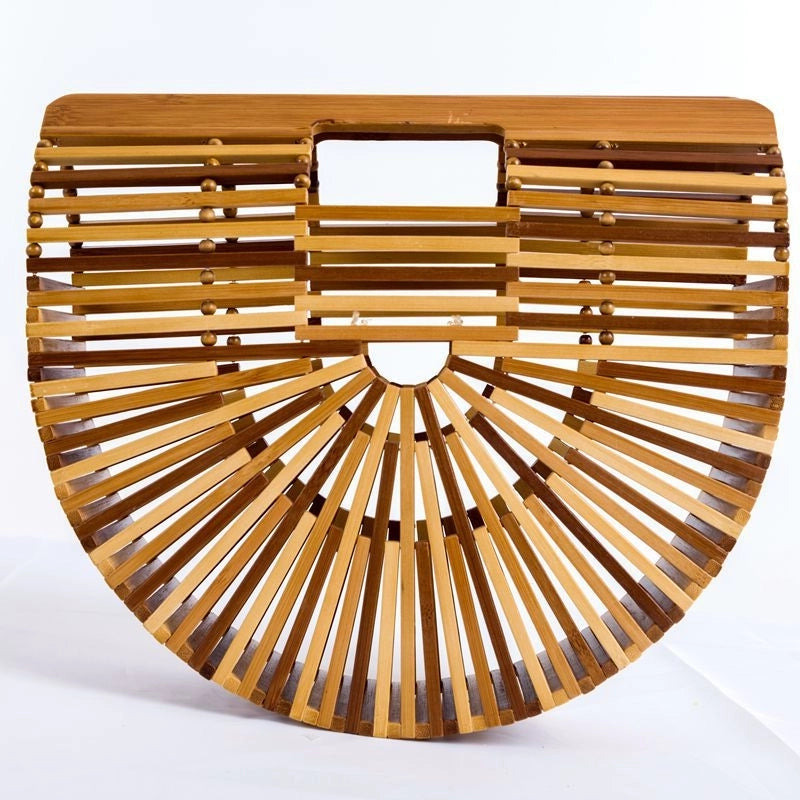 Women's Medium Bamboo Solid Color Vacation Beach Open Beach Bag