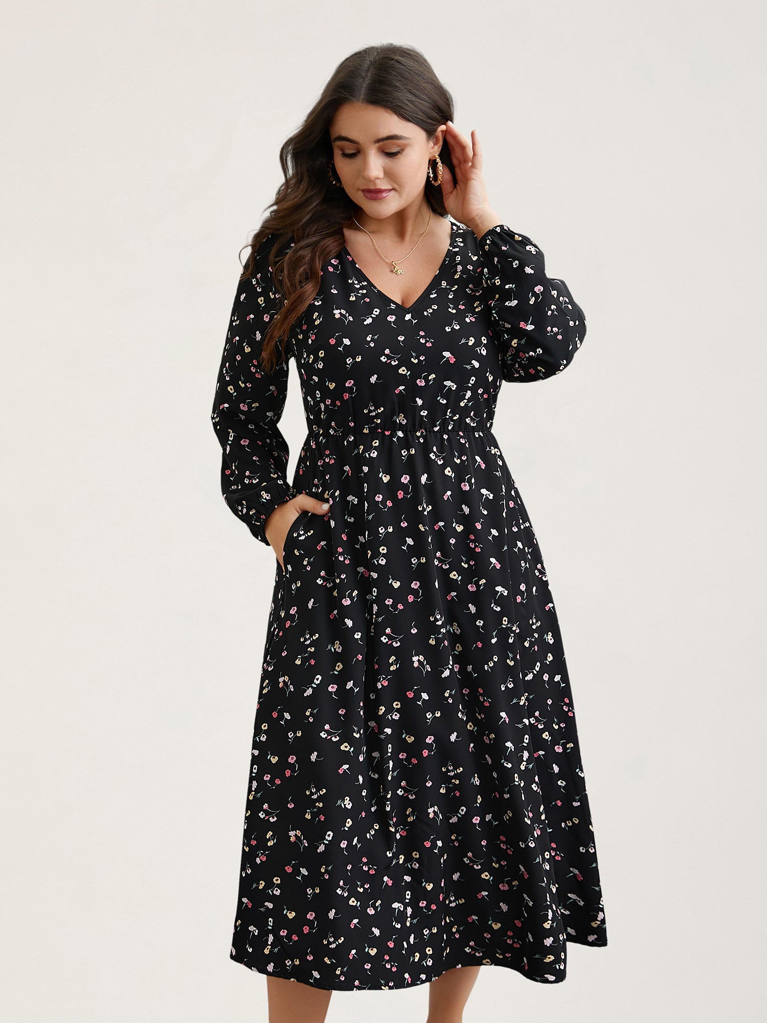 Floral Print V-Neck Waist-Defined Midi Dress