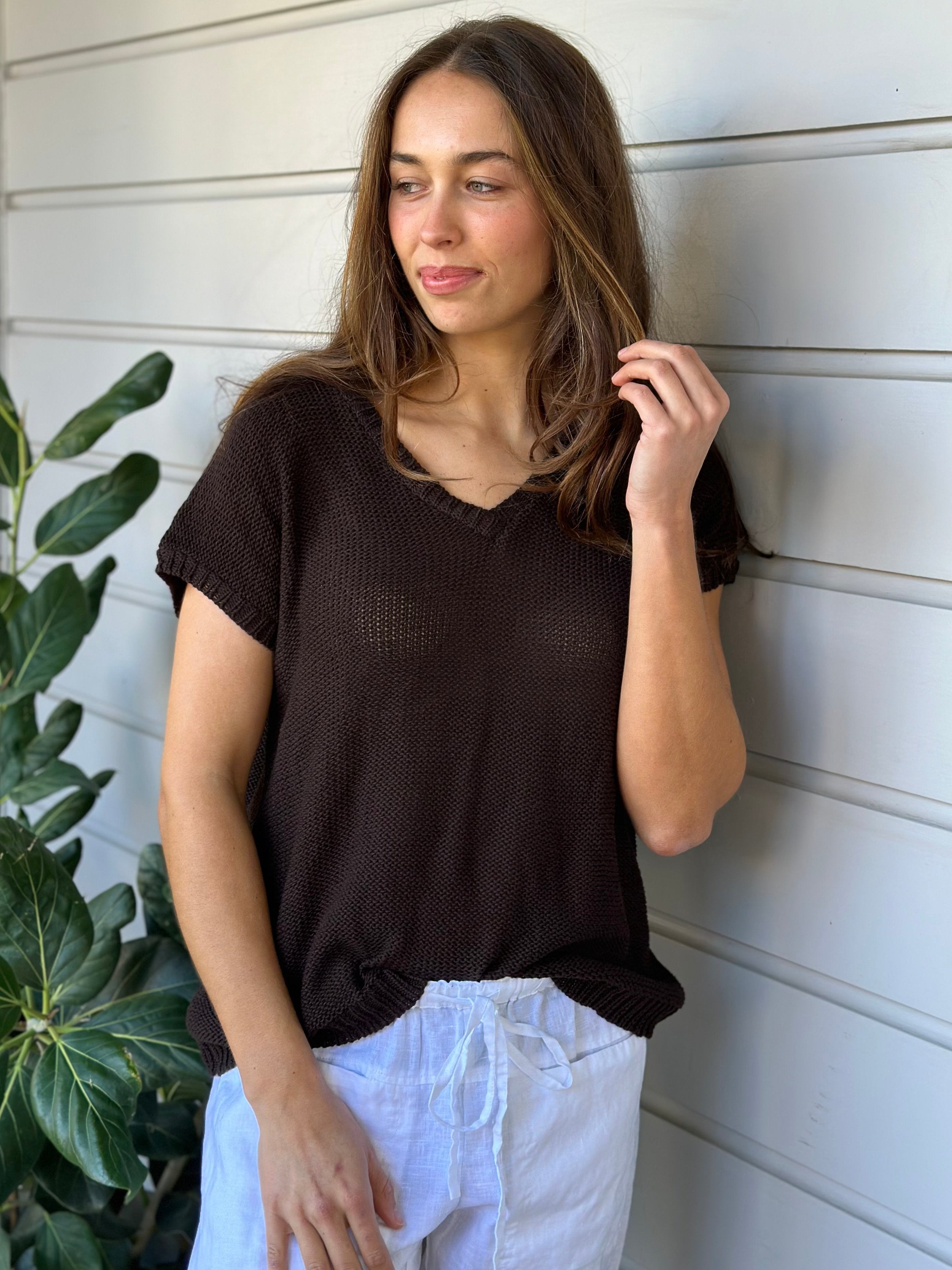 lara knit top - chocolate cotton