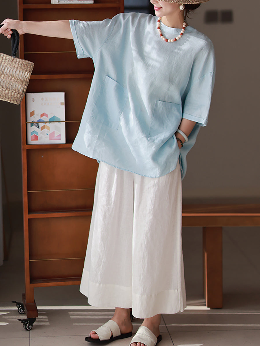 Women Summer Artsy Pure Color 100%Linen O-Neck Shirt