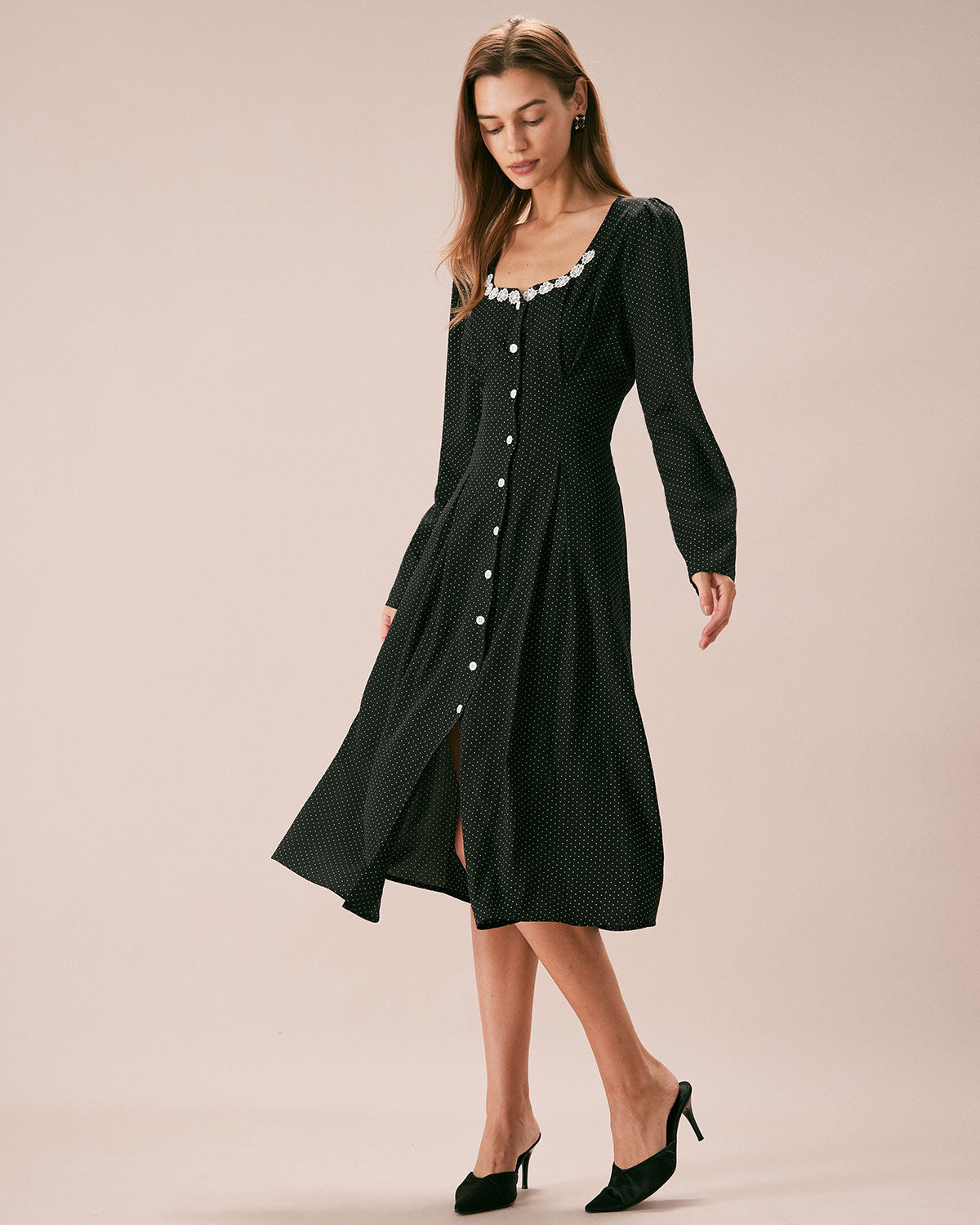 The Black U Neck Polka Dot Lace Midi Dress