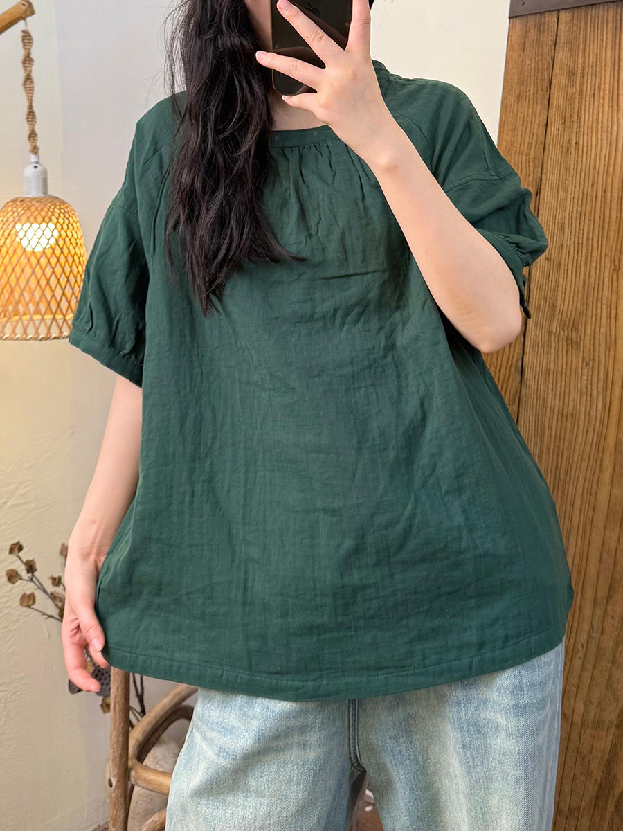 Women Summer Casual Pure Color Cotton O-Neck Shirt