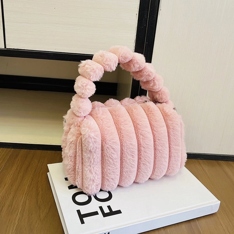 Women's Plush Solid Color Basic Classic Style Pillow Shape Zipper Shoulder Bag Handbag