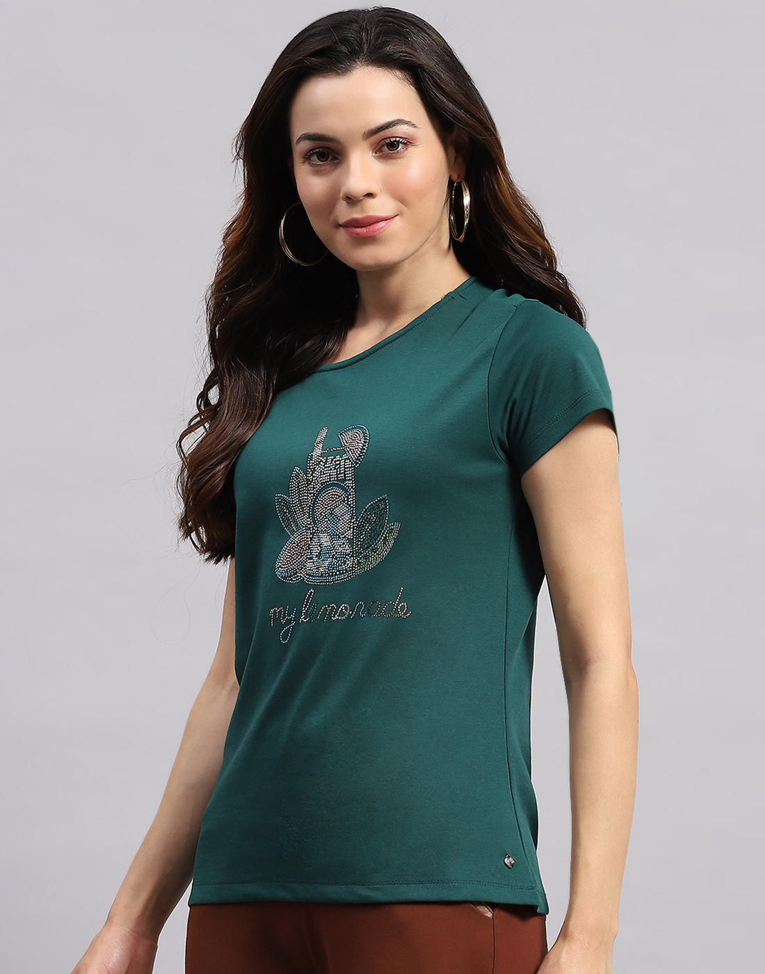 Women Green Printed Round Neck Half Sleeve Top