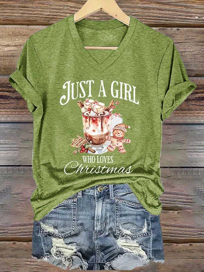 Women's Just A Girl Who Loves Christmas Print Casual V-Neck T-Shirt