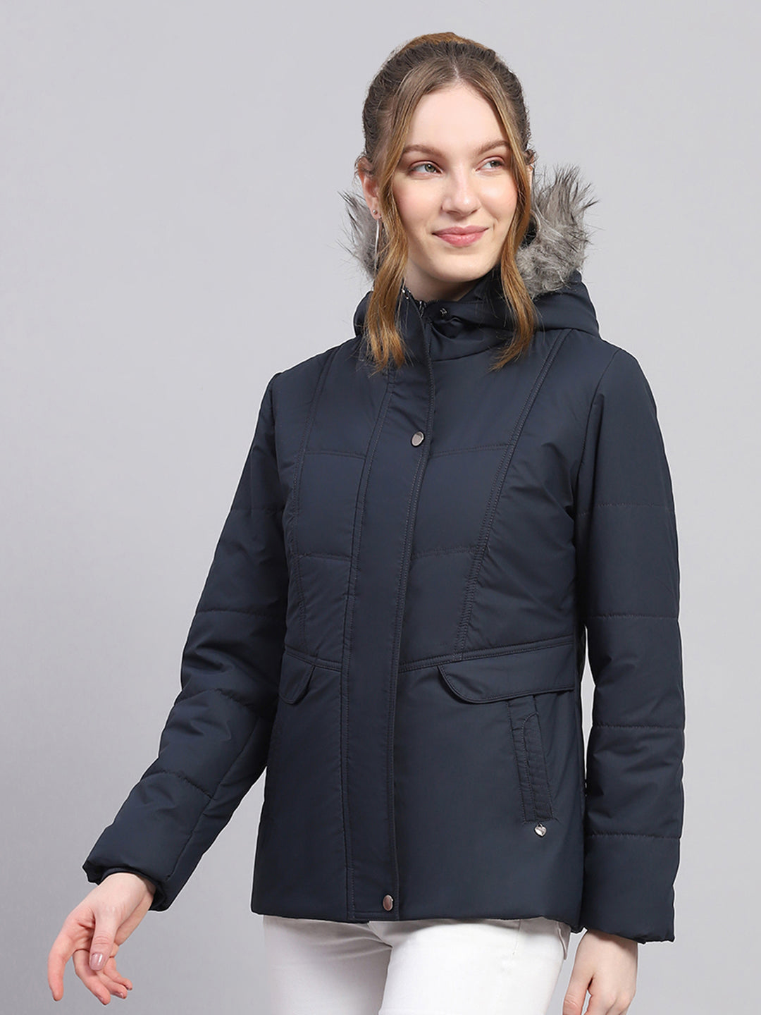 Women Navy Blue Solid Hooded Full Sleeve Jacket