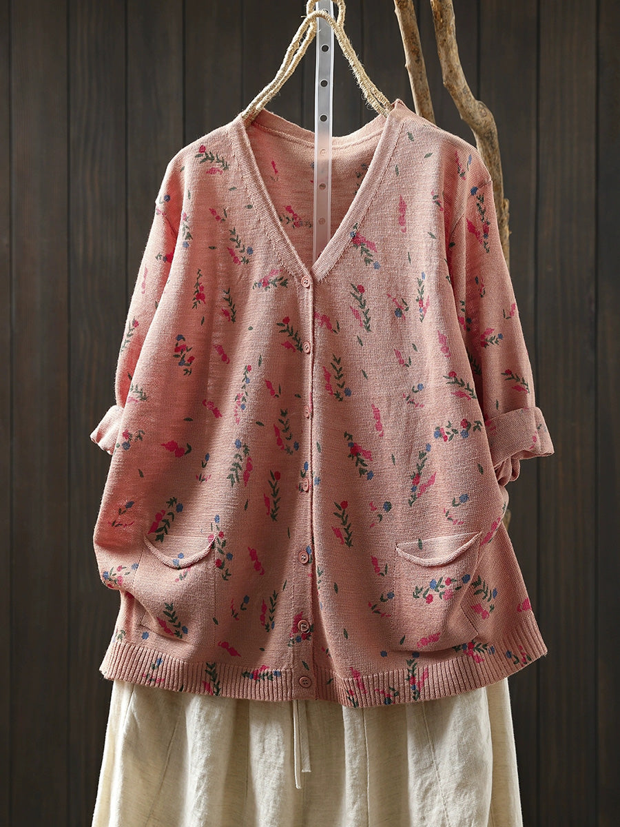 Women Summer Artsy Floral Knitted V-Neck Cotton Shirt