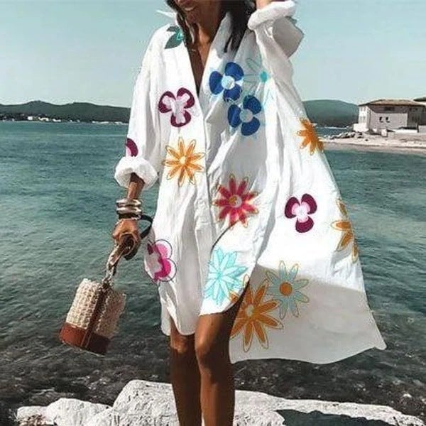 Vestido camisero floral de manga larga para mujer con cuello en V