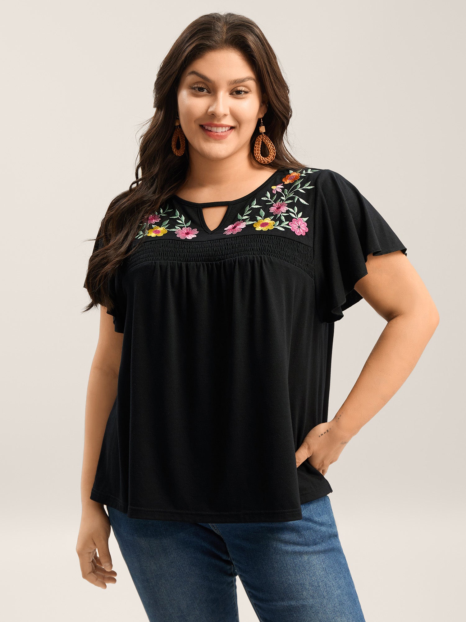 Floral Embroidered Neckline Flared Sleeve Top