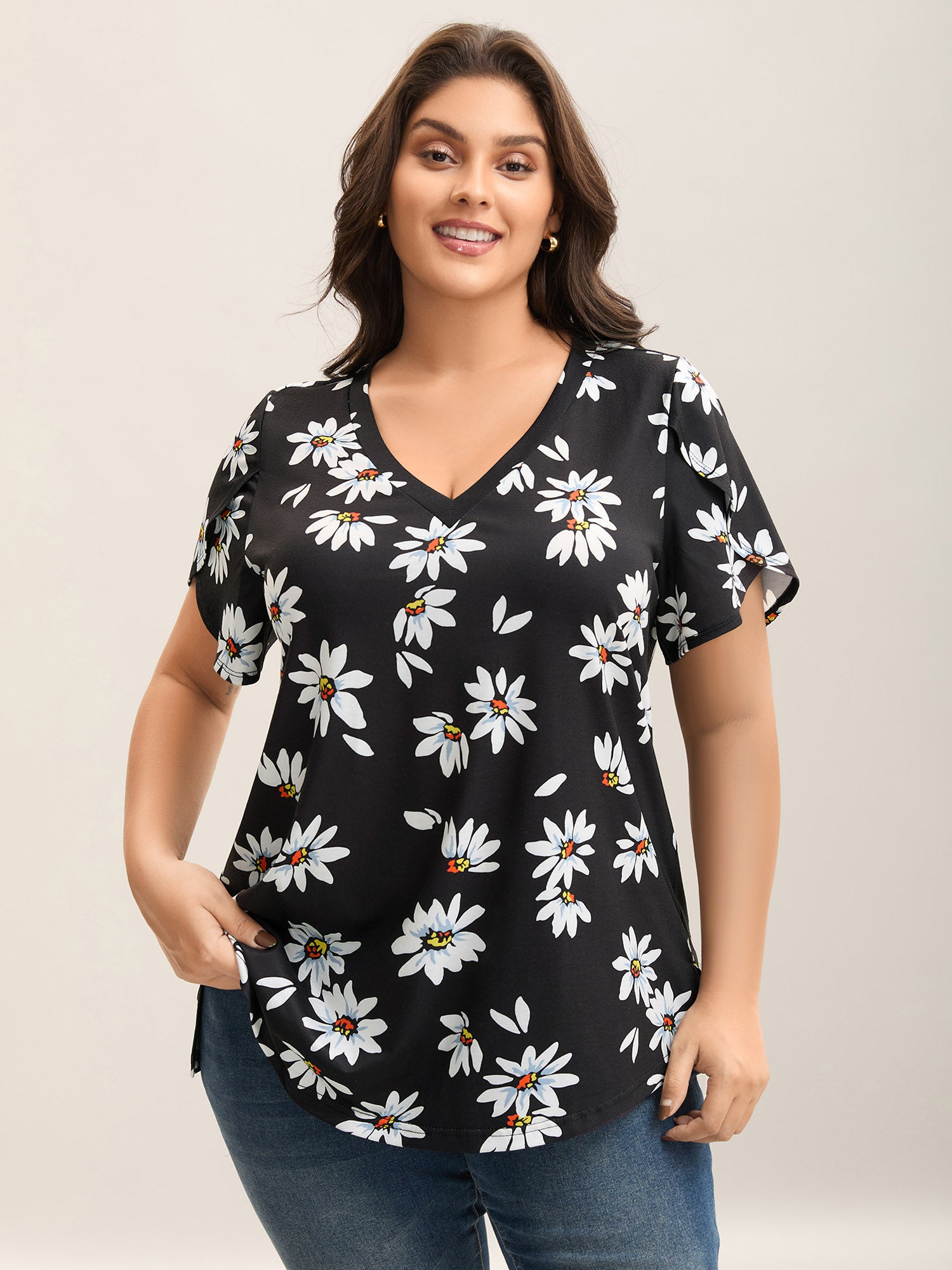 Floral Print Petal Sleeve Plain Knit Top
