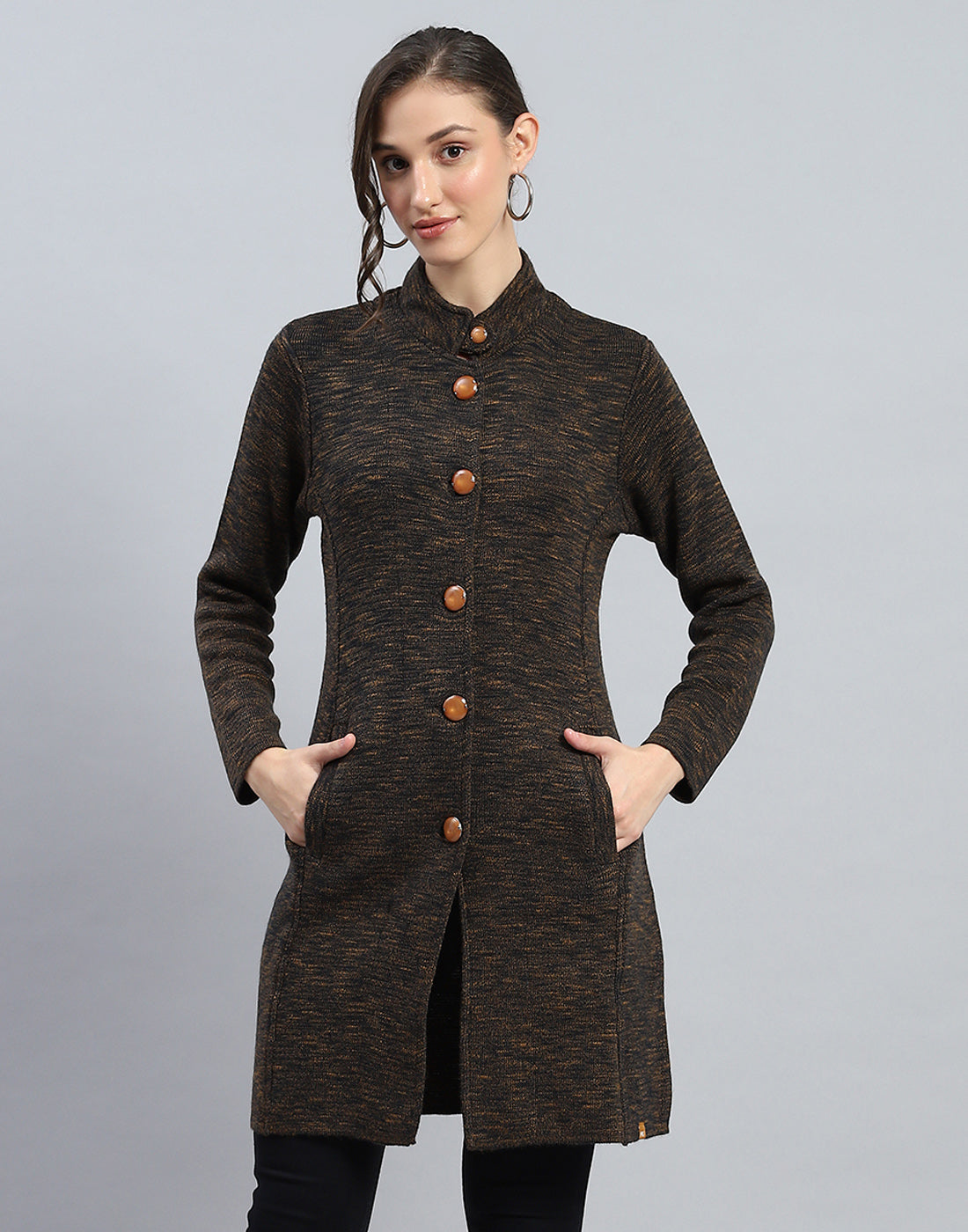 Women Brown Self Design High Neck Full Sleeve Knitted coat