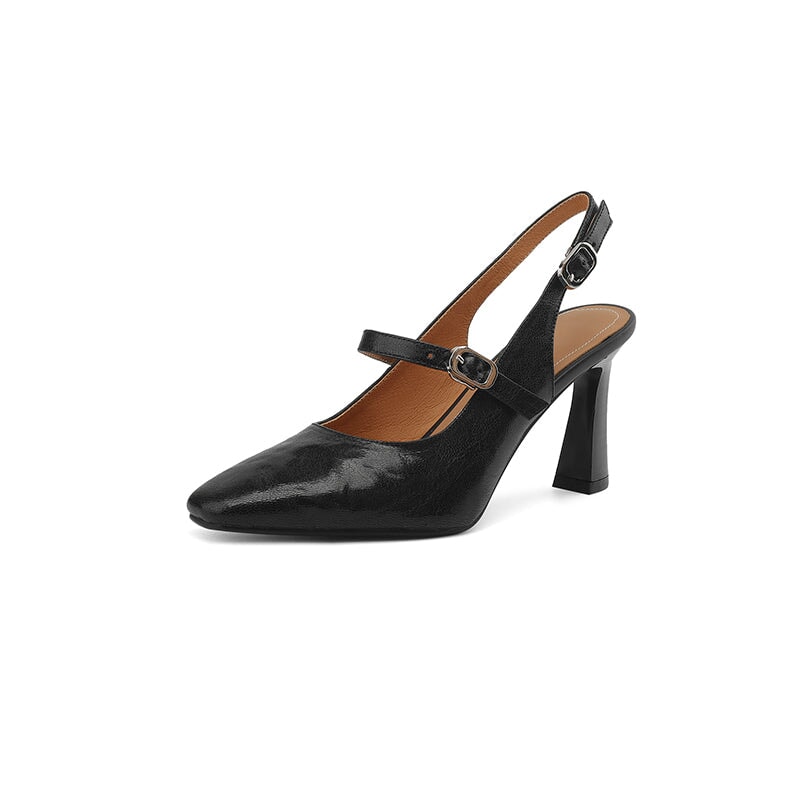 Elegant Square-Toe Slingback Pumps 80mm Kitten Heel Handmade Leather Sandals in Green/Black/Beige