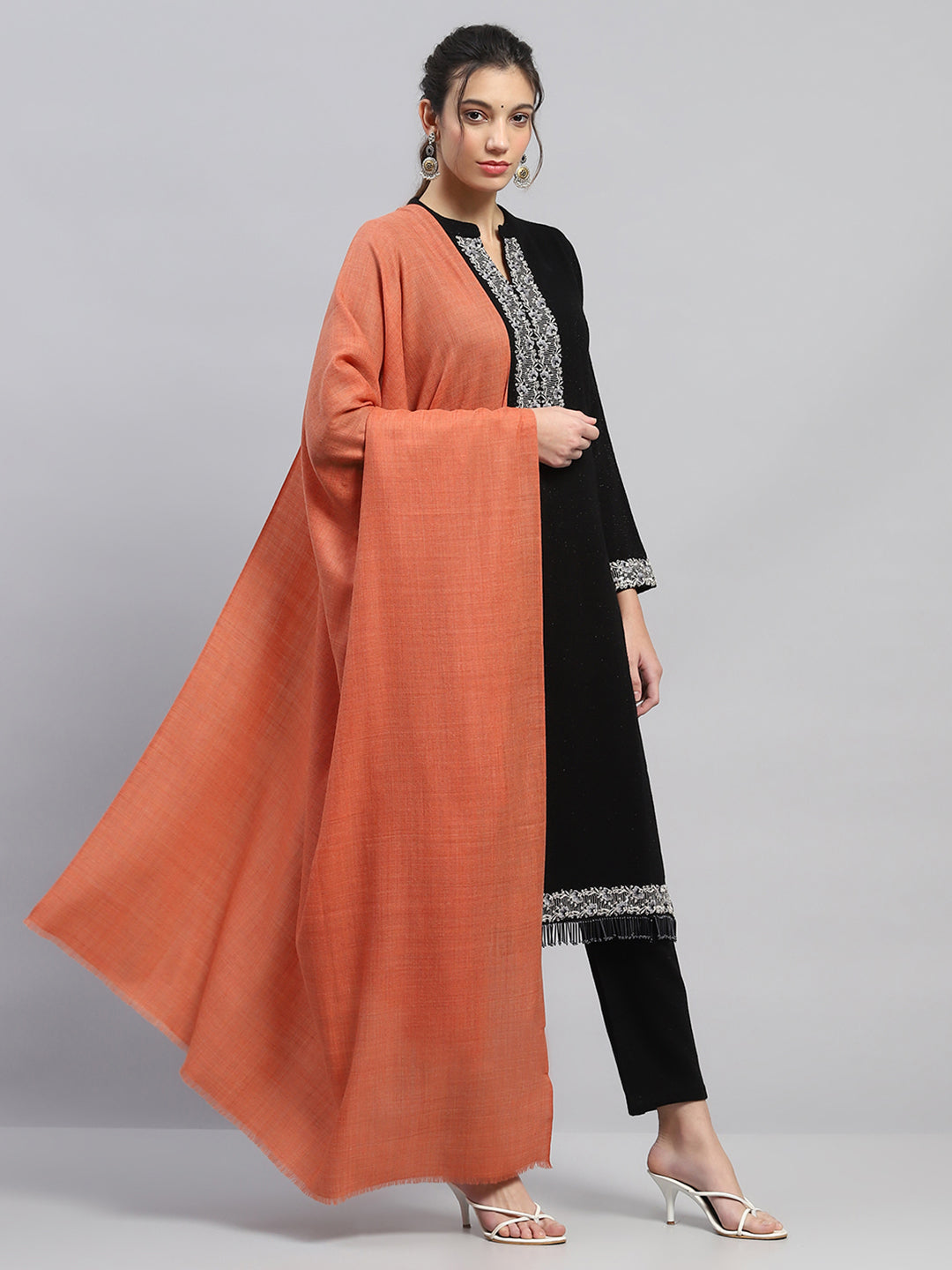 Women Orange Solid Reversible Shawl