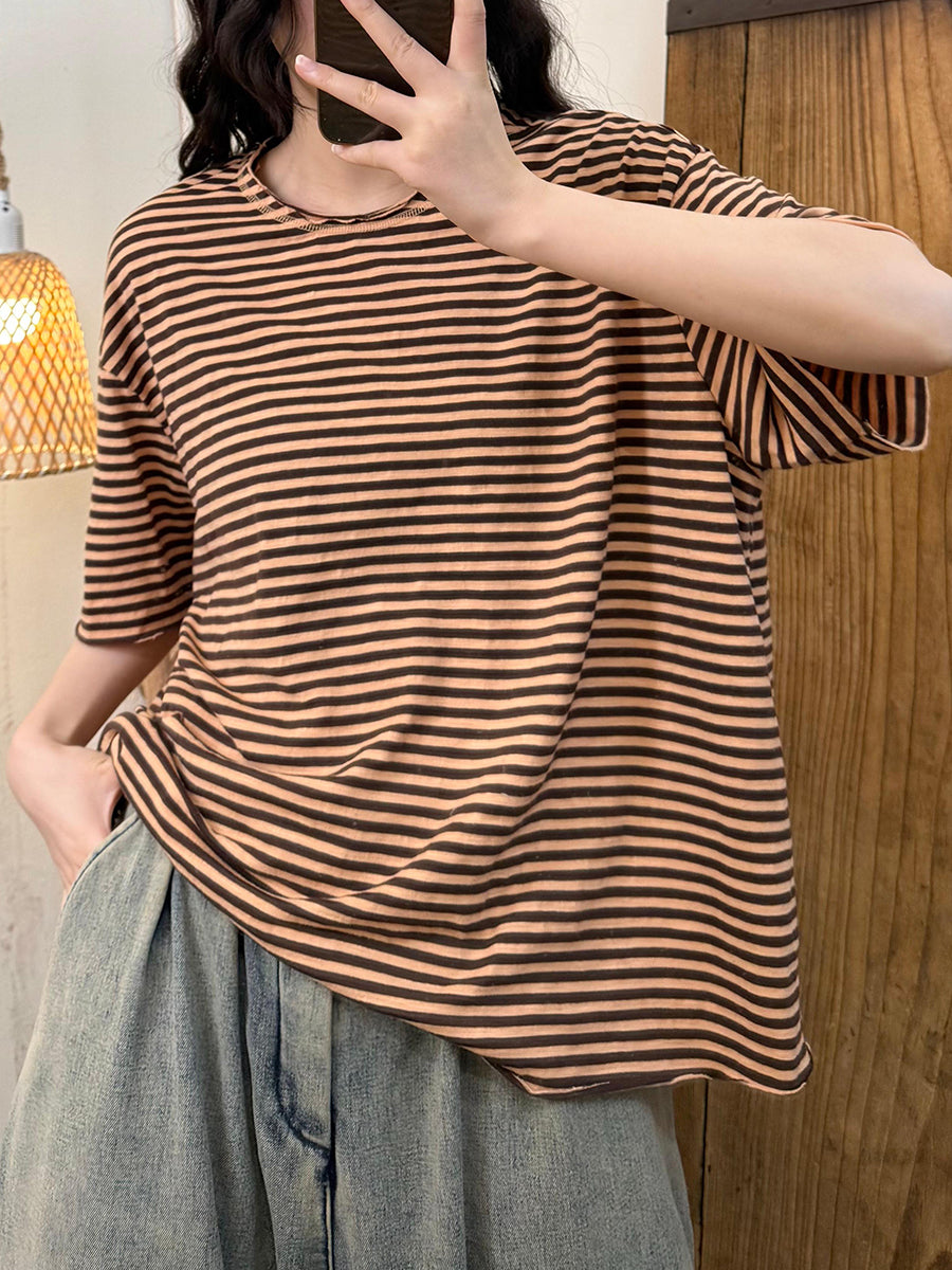 Women Summer Retro Stripe O-Neck Cotton Loose Shirt