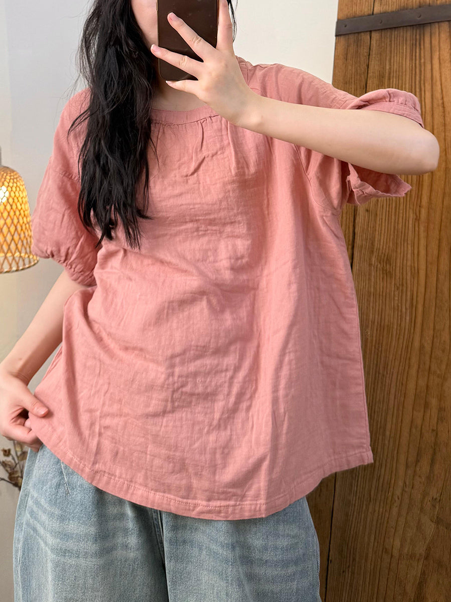 Women Summer Casual Pure Color Cotton O-Neck Shirt