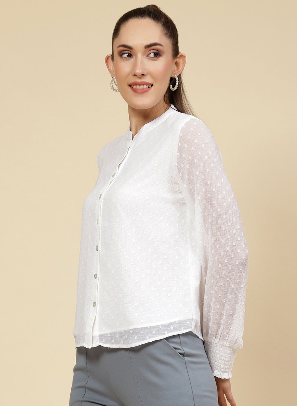 Women White Self Design Top