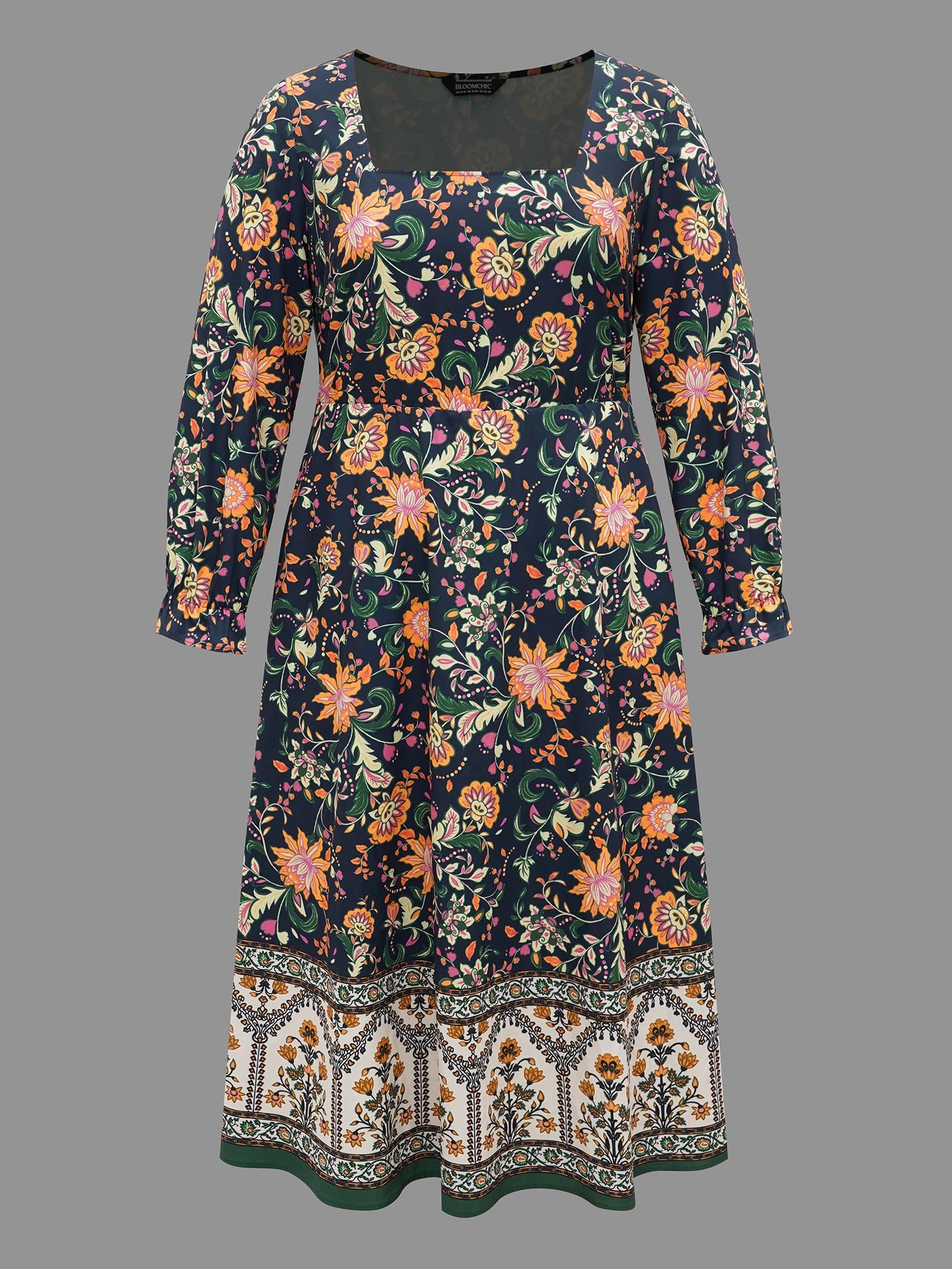 Square Neck Floral Boho Print Midi Dress