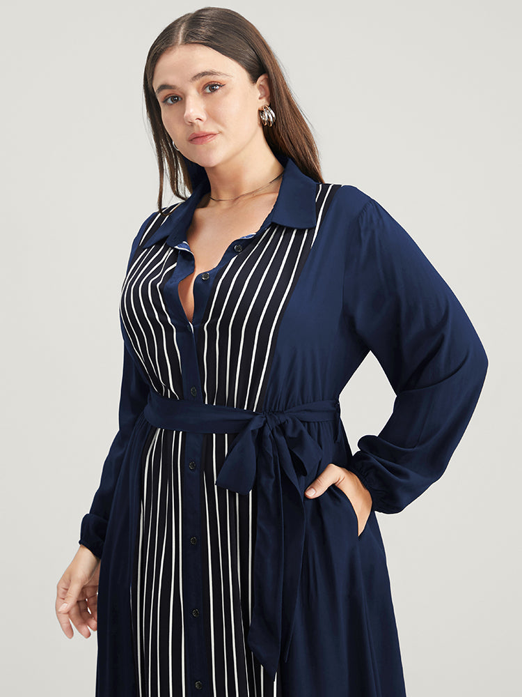 Striped Contrast Pocket Button Detail Belted Dress