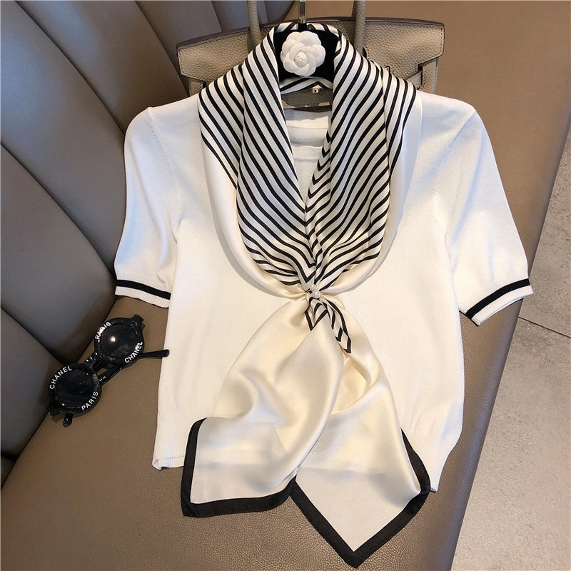 Women's IG Style Elegant Stripe Flower Chains Print Satin Printing Silk Scarf