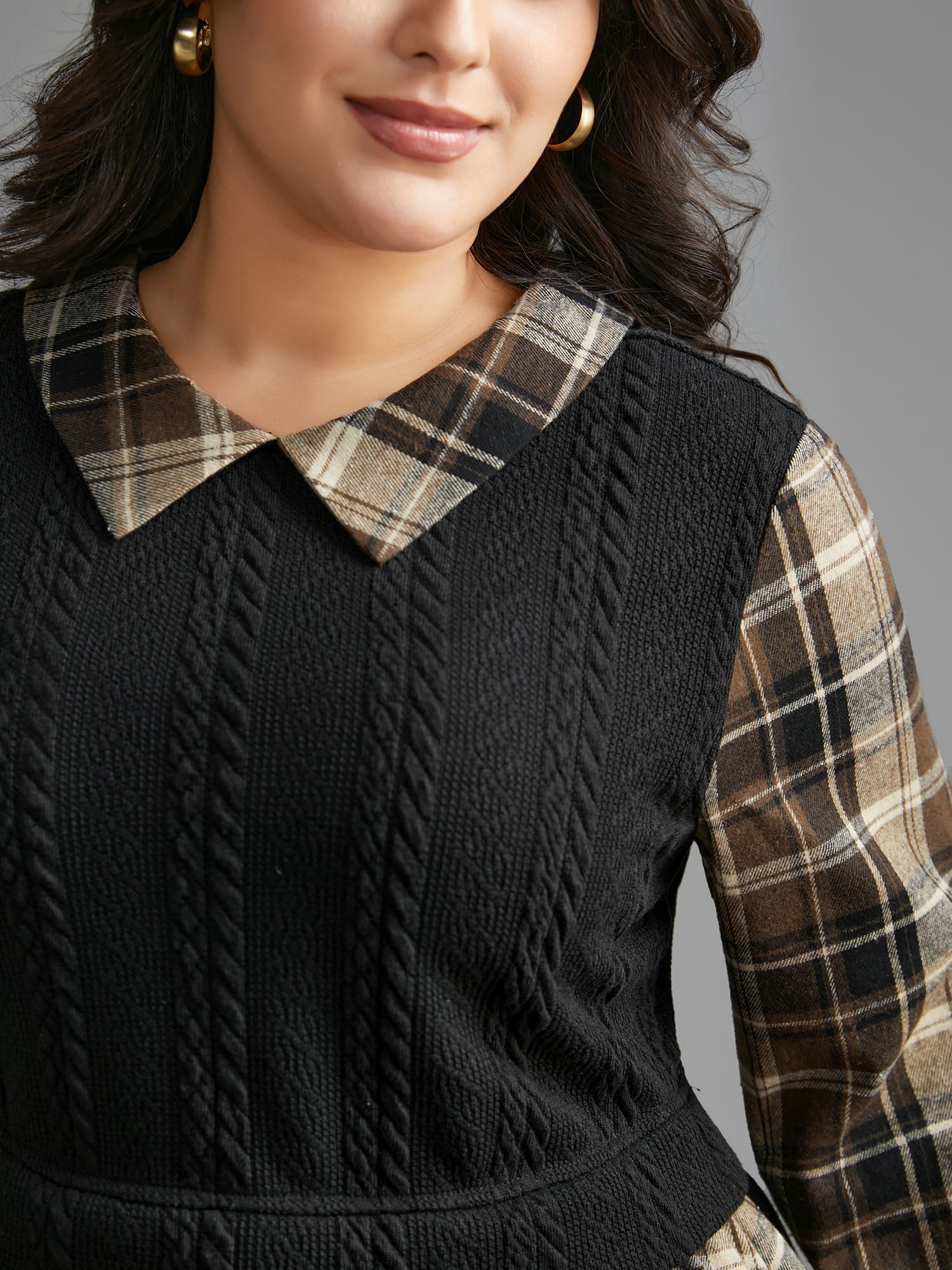 Plaid Patchwork Texture Lantern Sleeve Blouse