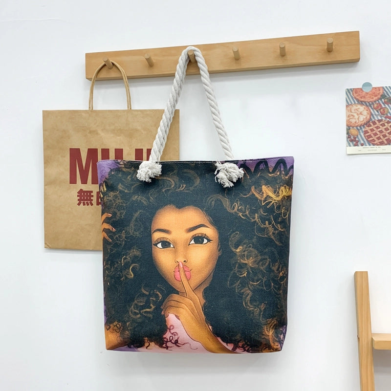 Women's Large Cotton And Linen Letter Elegant Streetwear Square Zipper Tote Bag