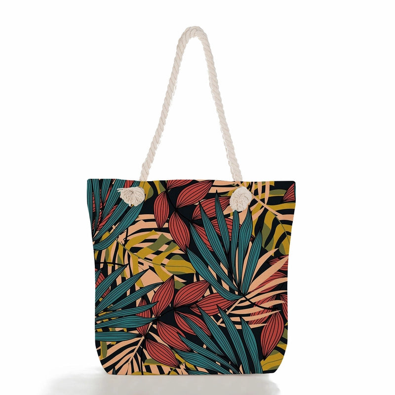 Green Leaf Printed Cotton Rope Bag Large Capacity Shoulder Bag Student Book Tote Bag Printable Logo