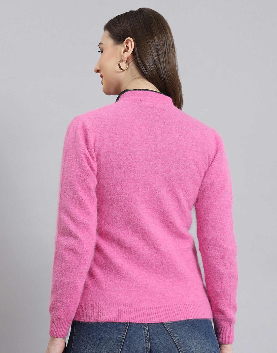 Women Pink Solid V Neck Full Sleeve Cardigan