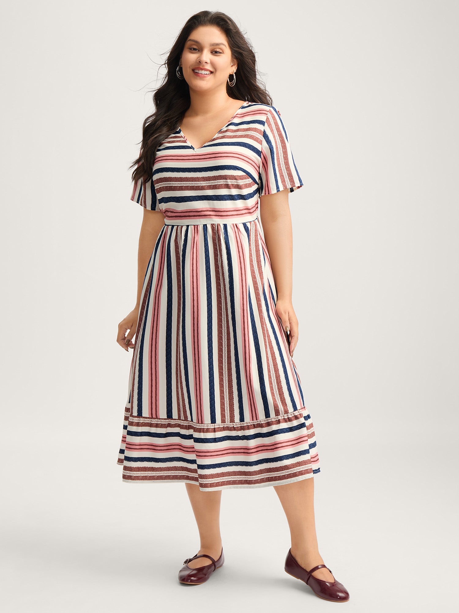 Asymmetrical Stripes V-Neck Tiered Midi Dress