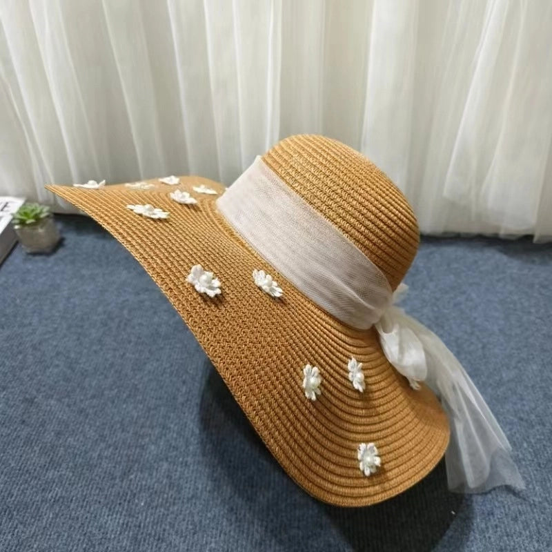Women's Cute Sweet Minimalist Flower Embroidery Pearl Wide Eaves Straw Hat