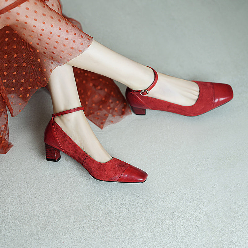Elegant Washed Horsehide 45mm Block Heel Suede Mary Jane Shoes in Black/Red