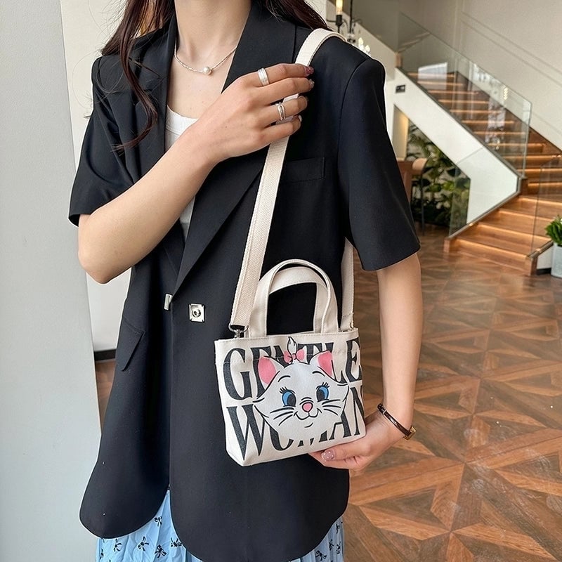 Women's Canvas Letter Cat Strawberry Cute Sewing Thread Open Handbag Crossbody Bag