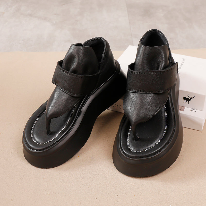 Cow Leather Platform Flip-Flop Sandals with Velcro Strap 55mm Thick Sole in Black