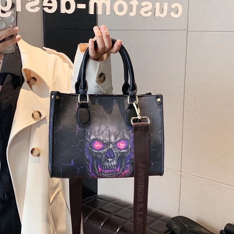Halloween Women's Large Pu Leather Skull Streetwear Square Zipper Tote Bag