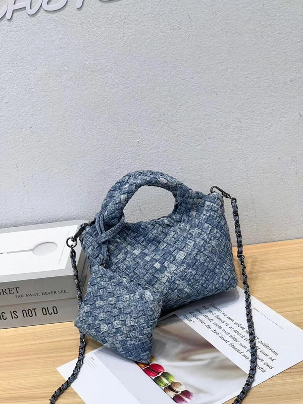 Women's Denim Solid Color Classic Style Weave Bucket Open Shoulder Bag