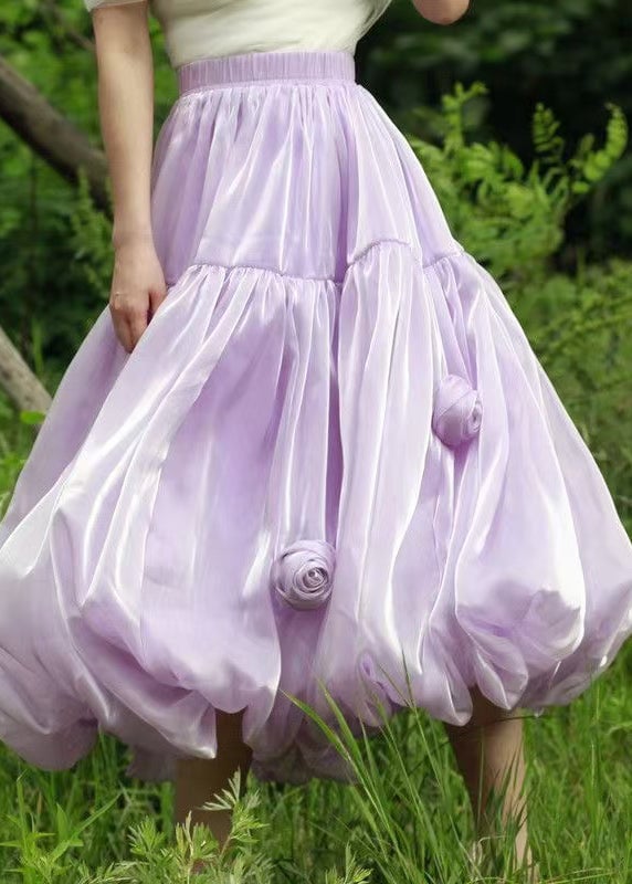 Floral Purple Solid Elastic Waist Silk Skirts Summer