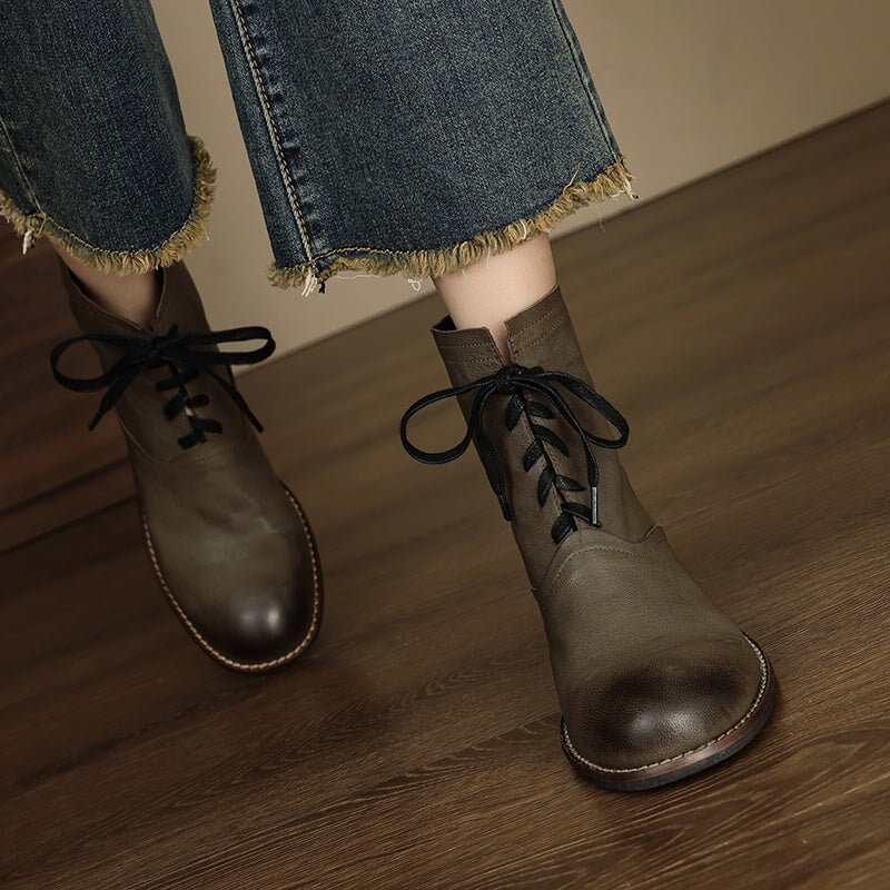 Retro Sheepskin Lace-Up Ankle Boots 40mm Block Heel Martens Boots Grey/Black/Encore Red