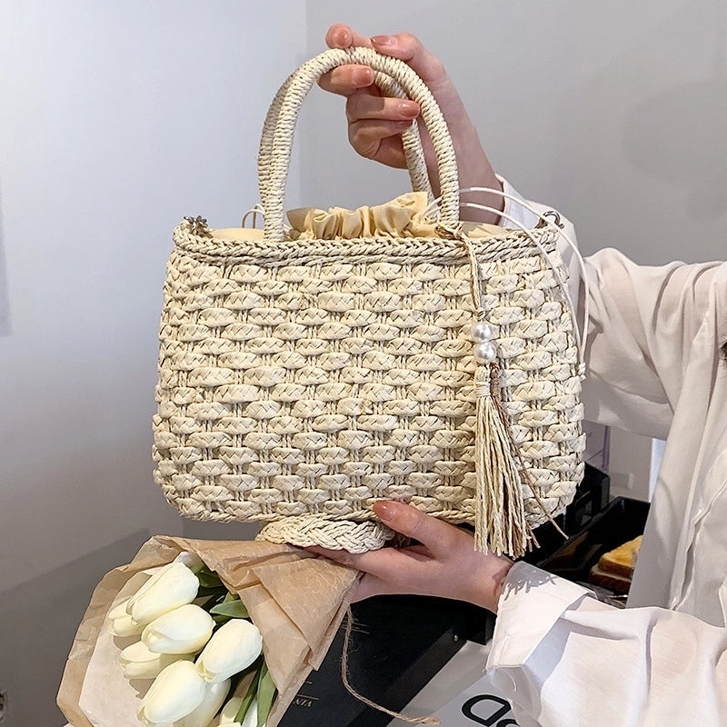 Women's Medium Straw Solid Color Streetwear Square String Shoulder Bag Handbag Crossbody Bag