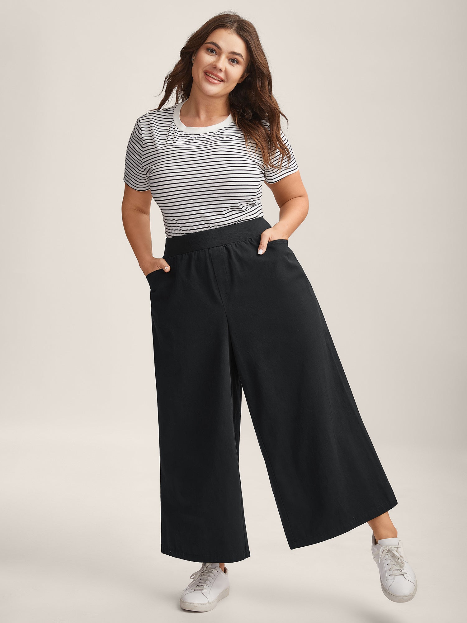 Cotton Threaded Spliced Wide-Leg Pants