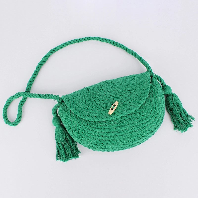 Women's Small Cotton Solid Color Basic Classic Style Tassel Weave Dumpling Shape Lock Clasp Crossbody Bag