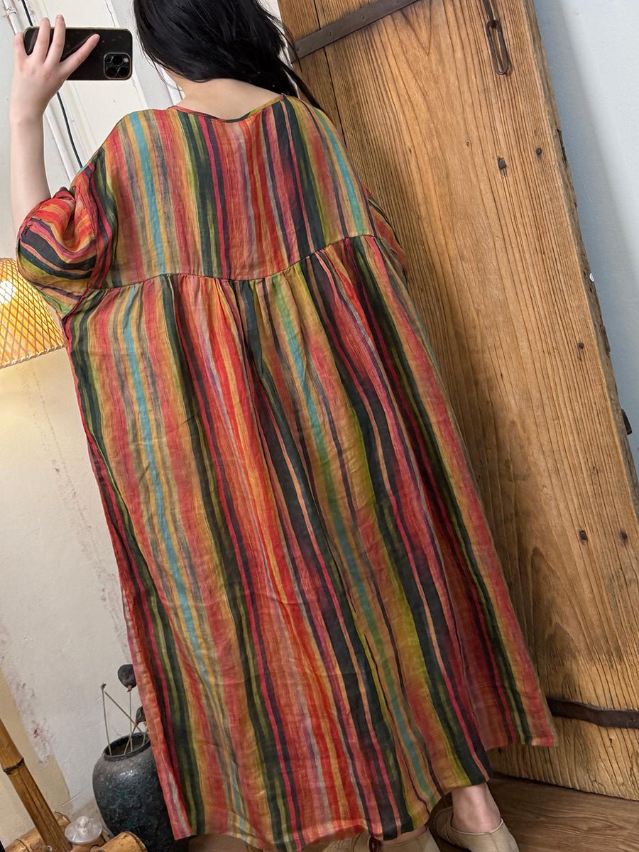 Women Summer Vintage Stripe Flower O-Neck Ramie Dress